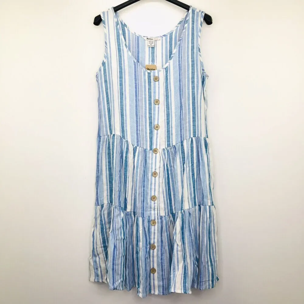 Marissa Olivia Women M Dress Babydoll Faux Button Up Stripes Blue NWT Flaw CL7